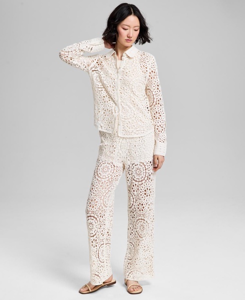 Petite Button-Front Long-Sleeve Crochet Shirt, Exclusively at Macy's 