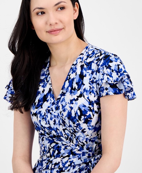 Women's Faux-Wrap Flutter-Sleeve Floral-Print Dress