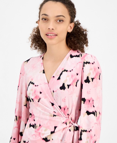 Petite Watercolor-Print Smocked-Cuff Wrap Top