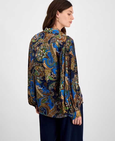 Women's Printed Satin Button Pleated-Sleeve Blouse