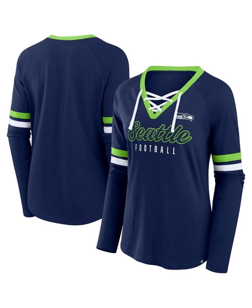 Women's College Navy Seattle Seahawks Won and Done Lace-Up Long Sleeve Fashion Top