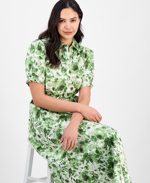 Women's Cotton Puff-Sleeve Belted Shirtdress