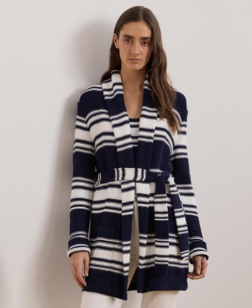 Women's Striped Belted Cotton-Blend Cardigan