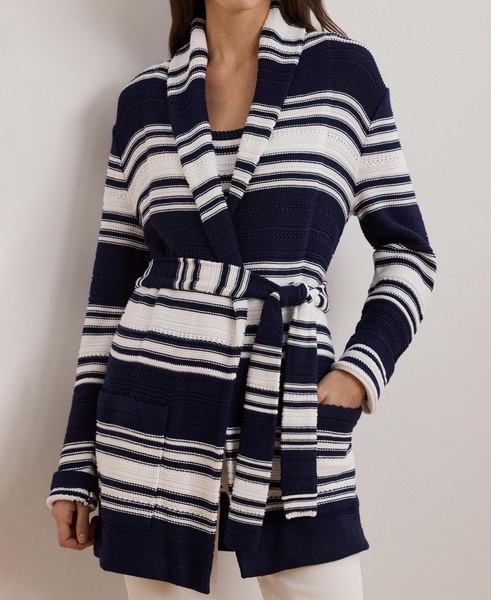 Women's Striped Belted Cotton-Blend Cardigan