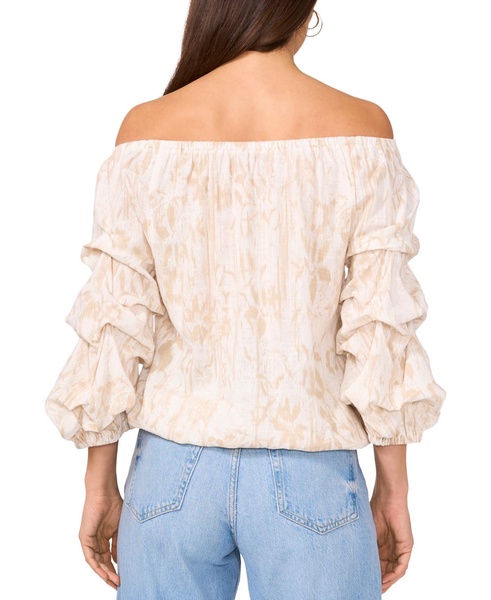 Women's Printed Linen-Blend Off-The-Shoulder Bubble-Sleeve Top
