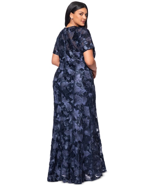 Plus Size Floral Sequin V-Neck Sheath Gown