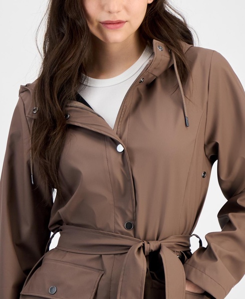 Women's Tie-Waist Snap-Front Hooded Rain Coat