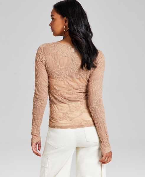 Women's Floral Crewneck Long-Sleeve Mesh Top, Exclusively at Macy's 