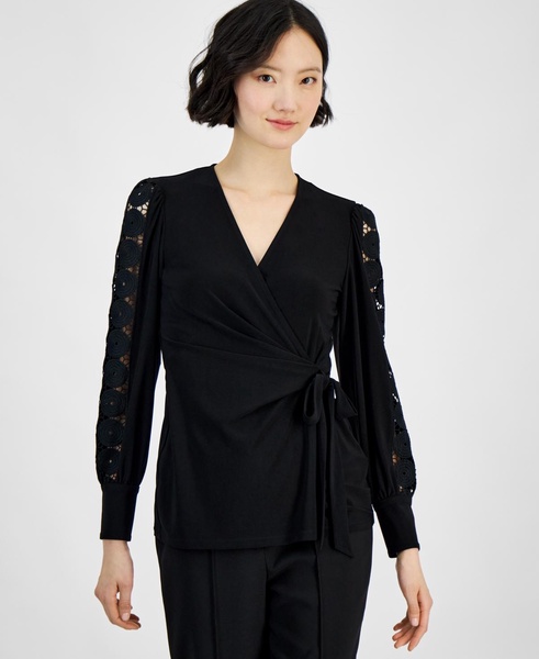 Women's Faux-Wrap Blouson-Sleeve Blouse 