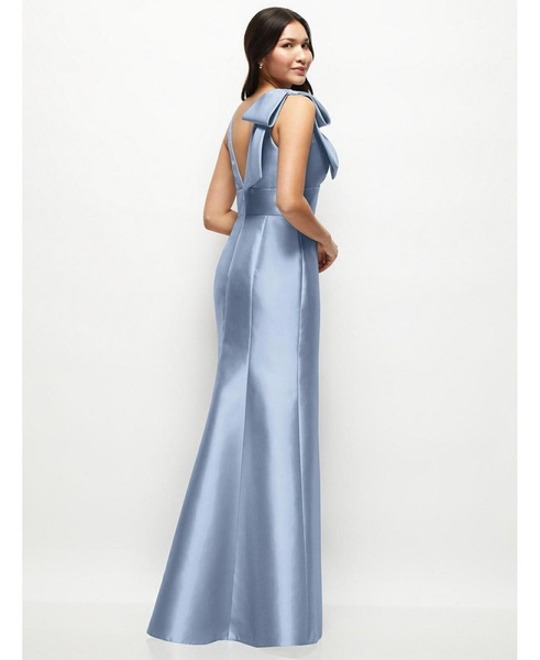 Women's Deep V-back Satin Trumpet Dress with Cascading Bow at One Shoulder