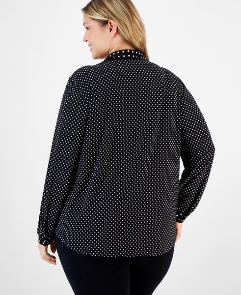 Plus Size Dot-Print Scarf-Neck Long-Sleeve Top