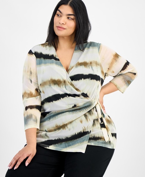 Plus Size 3/4-Sleeve Printed Mesh Top