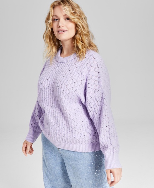 Trendy Plus Size Pointelle-Knit Long-Sleeve Sweater, Created for Macy's
