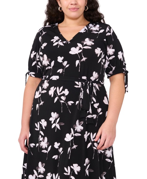 Plus Size Printed V-Neck Tie-Waist Midi Dress
