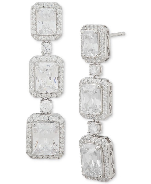 Cubic Zirconia Graduated Square Halo Linear Drop Earrings in Sterling Silver