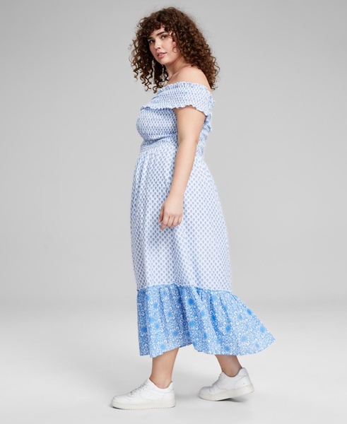 Trendy Plus Size Cotton Off-The-Shoulder Smocked Dress, Created for Macy's