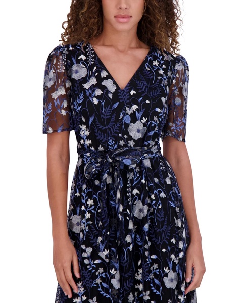 Women's Embroidered Mesh Tie-Waist Midi Dress