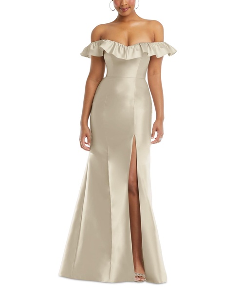 Women's Off-the-Shoulder Ruffle Neck Satin Trumpet Gown