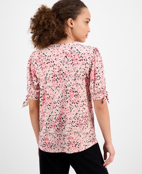 Petite Tie-Cuff Front-Pleated Printed Top