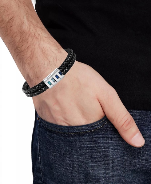Men's Cubic Zirconia Double Strand Leather Bracelet in Stainless Steel