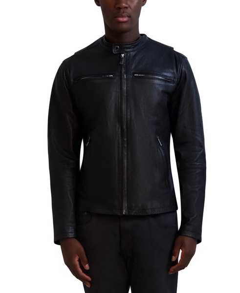 Men's Band-Collar Distressed Leather Jacket