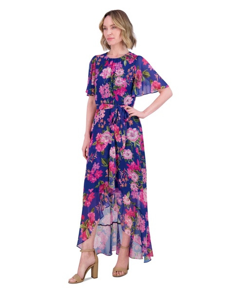 Women's Floral-Print Belted Flutter-Sleeve Dress