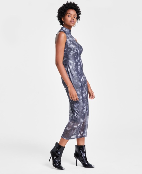 Women's Foil Mesh Mock Neck Sleeveless Midi Dress, Created for Macy's