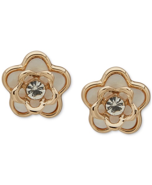 Gold-Tone Mother of Pearl Crystal Flower Stud Earrings