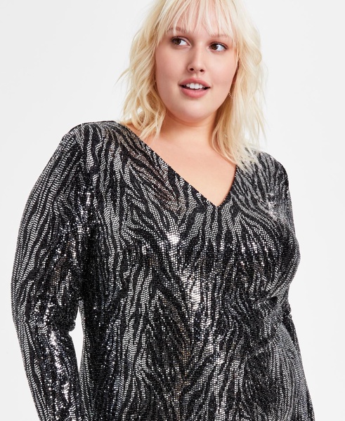 Trendy Plus Size Sequined Zebra-Stripe Dress, Created for Macy's