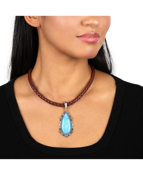Sterling Silver Blue Turquoise Teardrop Bordered Design Pendant Enhancer