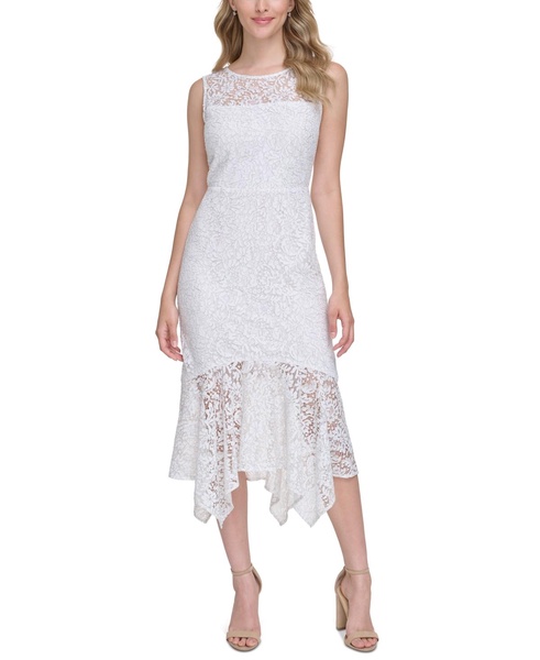 Women's Floral Lace Handkerchief-Hem Midi Dress