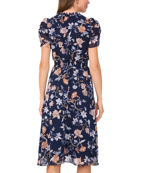 Petite Puff-Sleeve Smocked-Waist Midi Chiffon Dress