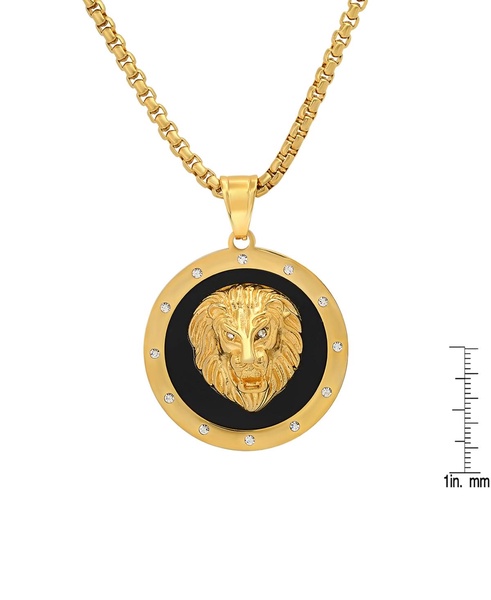 Men's 18k Gold Plated Stainless Steel, Black Enamel and Simulated Diamonds Lion Head Round Pendant