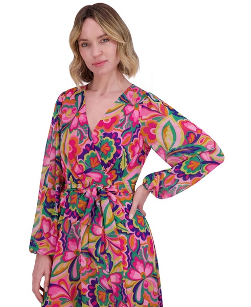 Women's Printed Tie-Waist Blouson-Sleeve Maxi Dress
