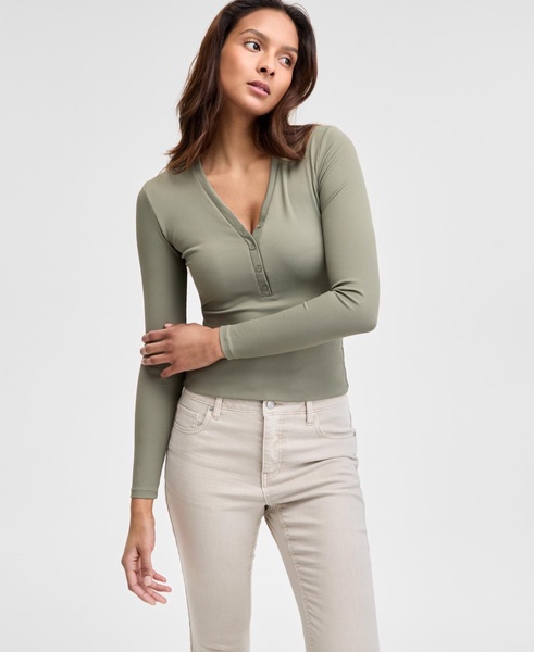 Women's Ribbed Henley-Neck Long-Sleeve Top, Created for Macy's