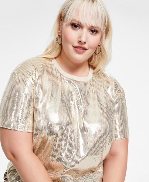 Trendy Plus Size Short-Sleeve Boxy Cropped Sequin Top, Created for Macy's