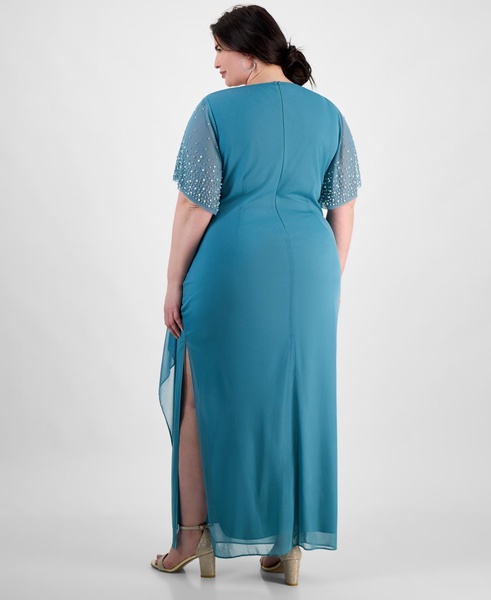 Plus Size Embellished-Sleeve Draped Chiffon Gown