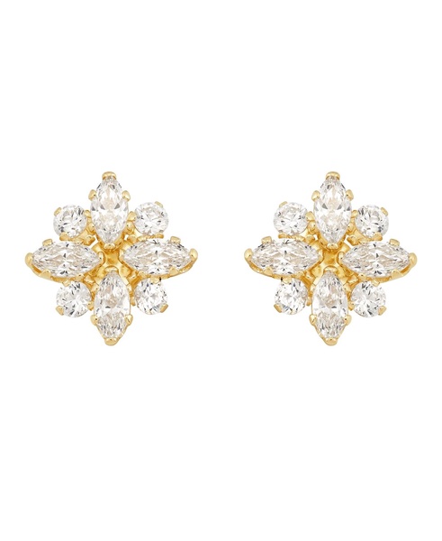 Cubic Zirconia Flower Cluster Stud Earrings in 14k Yellow Gold