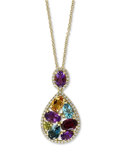 EFFY® Multi-Gemstone (3-3/4 ct. t.w.) & Diamond (1/4 ct. t.w.) Pear Halo 18" Pendant Necklace in 14k Gold