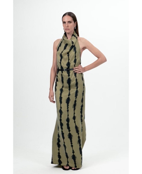 Women's Belt Detailed Printed Maxi Dress