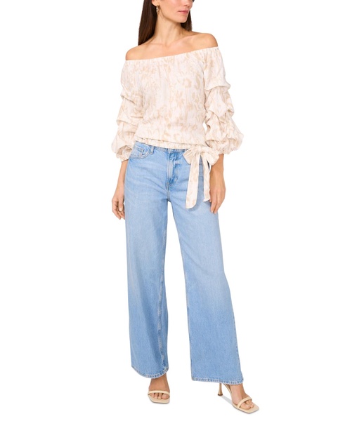 Women's Printed Linen-Blend Off-The-Shoulder Bubble-Sleeve Top