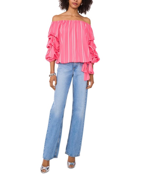 Women's Striped Off The Shoulder Bubble Sleeve Tie Front Blouse