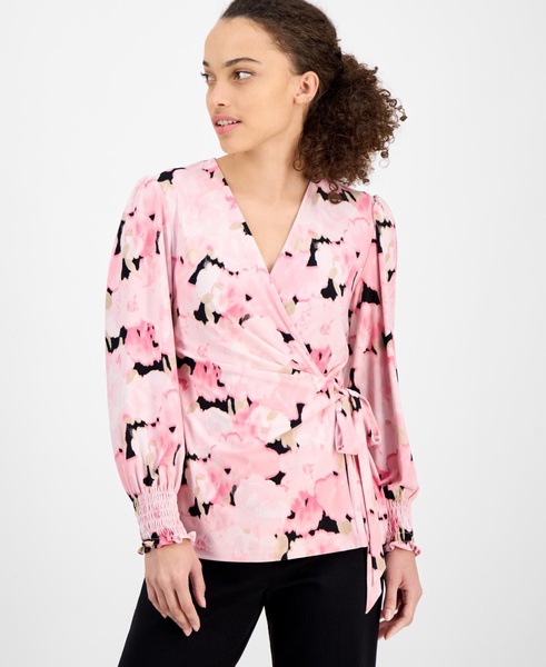 Petite Watercolor-Print Smocked-Cuff Wrap Top