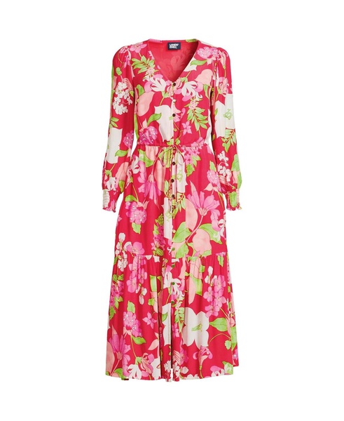Women's Crepe Button Front Long Sleeve Midi Dress