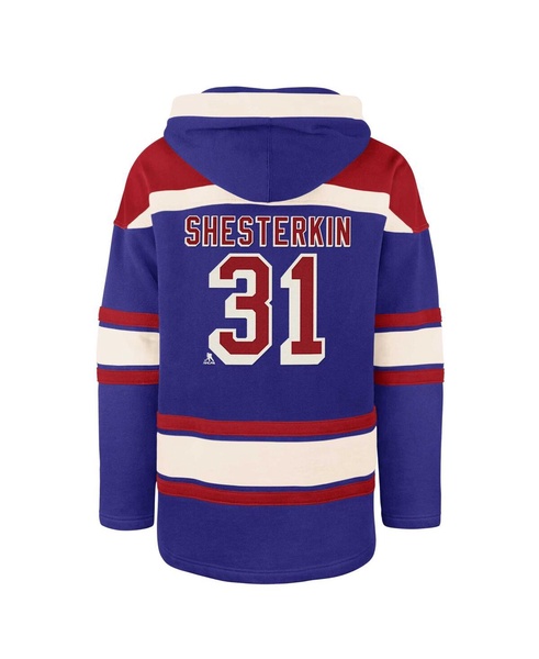 Men's Igor Shesterkin Blue New York Rangers Player Name Number Lacer Pullover Hoodie