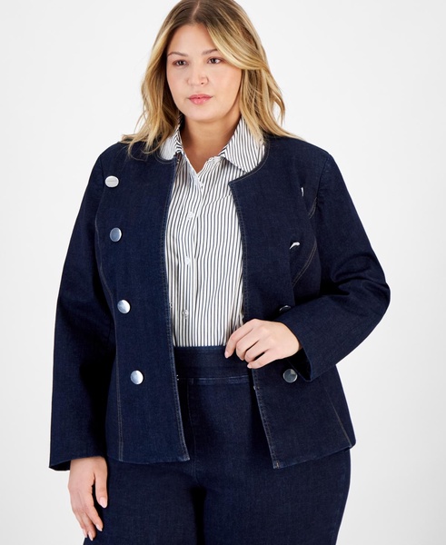Plus Size Open-Front Collarless Denim Jacket