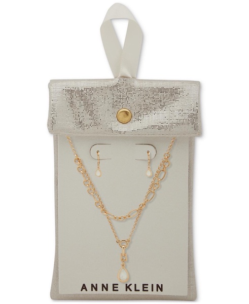 Gold-Tone Mother-of-Pearl Tear-Shape Layered Pendant Necklace & Drop Earrings Set