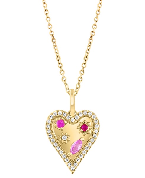 EFFY® Pink Sapphire (1/8 ct. t.w.), Ruby Accent, & Diamond (1/6 ct. t.w.) Heart Halo 18" Pendant Necklace in 14k Gold