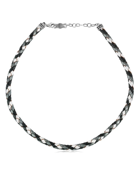 Sterling Silver Multi-Color Braided Black, White and Gray Leather Necklace, 20 to 22 Inches