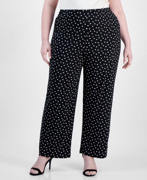 Plus Size Dot-Print Pull-On Wide-Leg Pants